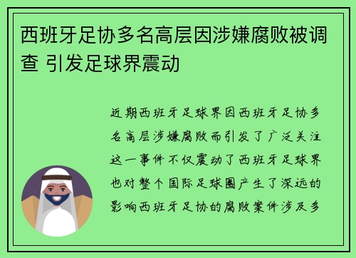 西班牙足协多名高层因涉嫌腐败被调查 引发足球界震动