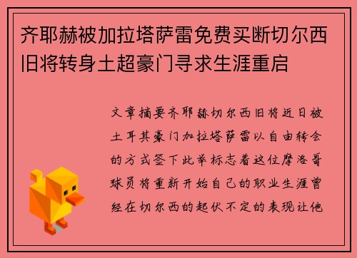 齐耶赫被加拉塔萨雷免费买断切尔西旧将转身土超豪门寻求生涯重启